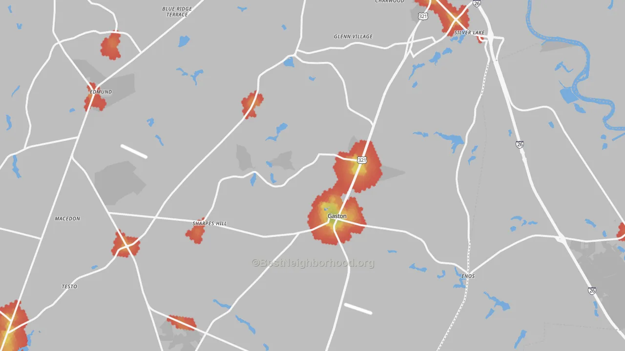 Walk Grade map of Gaston, SC, walkable areas in green and car-dependent areas in red