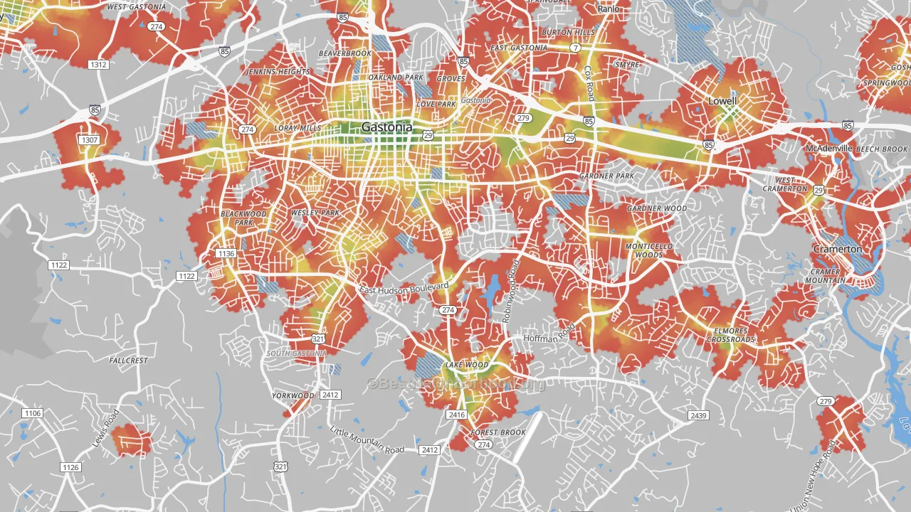 Walk Grade map of Gastonia, NC, walkable areas in green and car-dependent areas in red