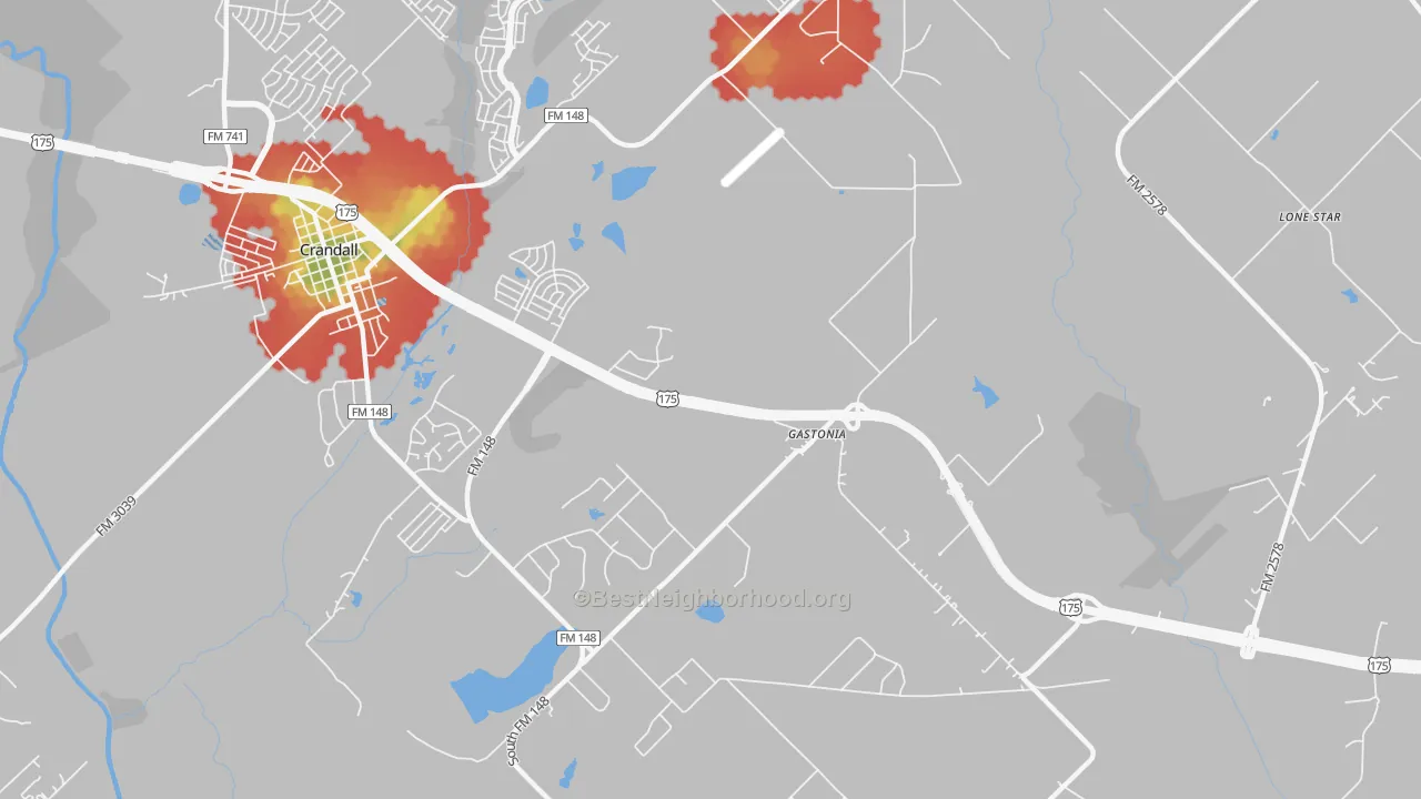 Walk Grade map of Gastonia, TX, walkable areas in green and car-dependent areas in red