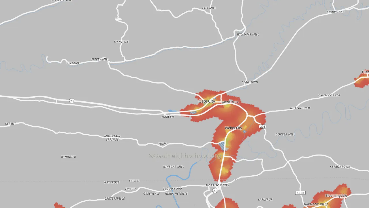 Walk Grade map of Gate City, VA, walkable areas in green and car-dependent areas in red