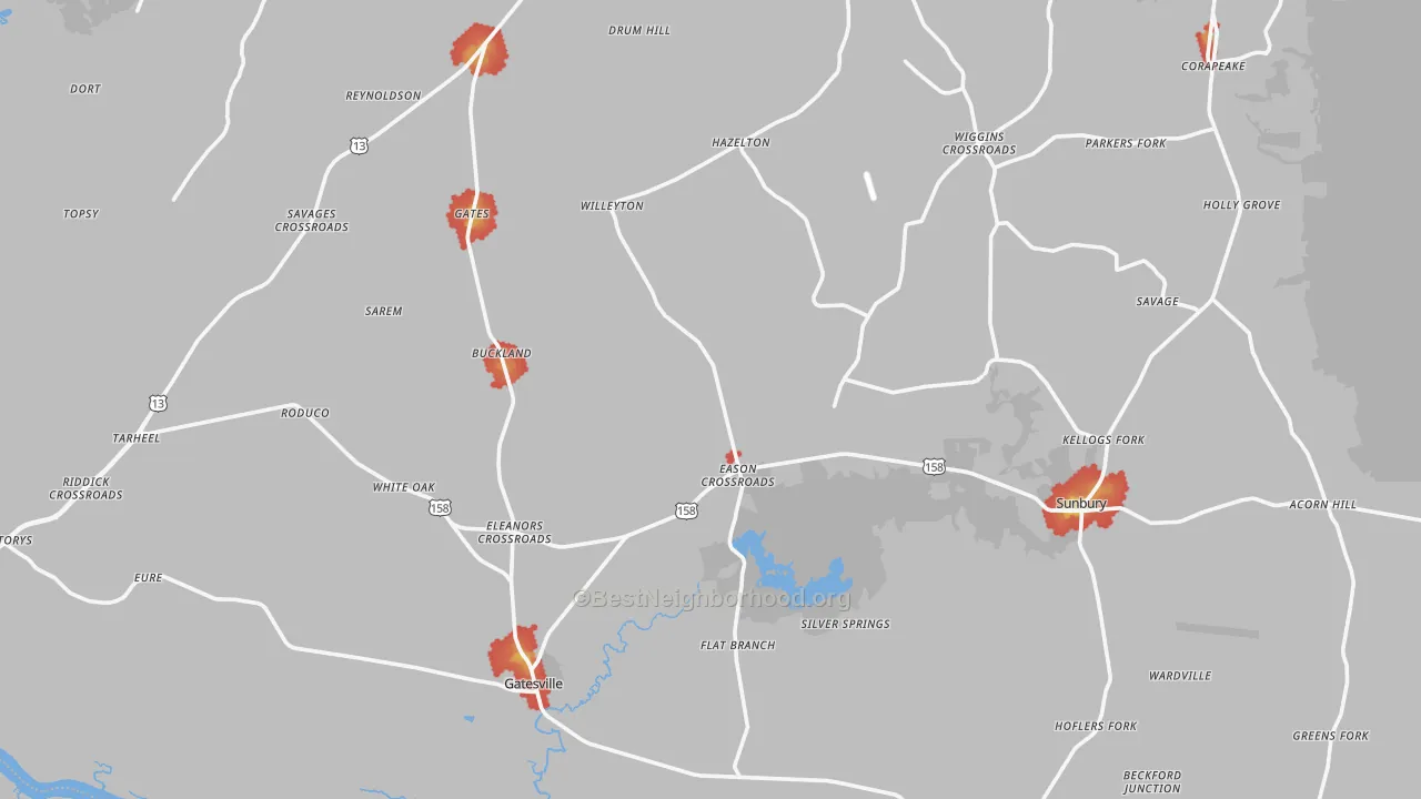Walk Grade map of Gates County, NC, walkable areas in green and car-dependent areas in red