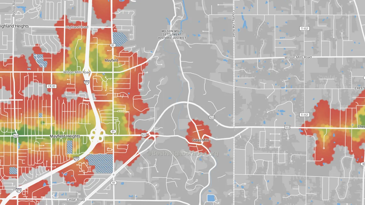 Walk Grade map of Gates Mills, OH, walkable areas in green and car-dependent areas in red