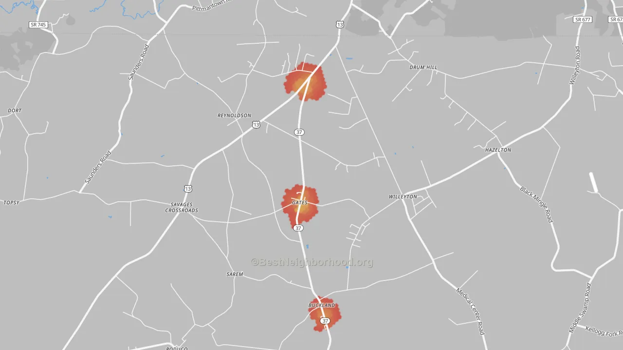 Walk Grade map of Gates, NC, walkable areas in green and car-dependent areas in red