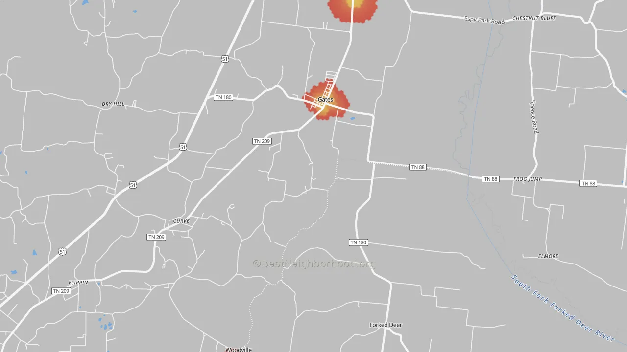 Walk Grade map of Gates, TN, walkable areas in green and car-dependent areas in red