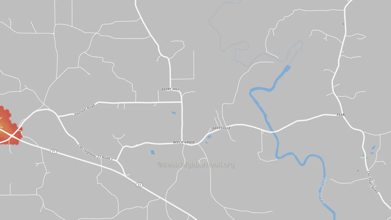 Walk Grade map of Gatesville, MS, walkable areas in green and car-dependent areas in red