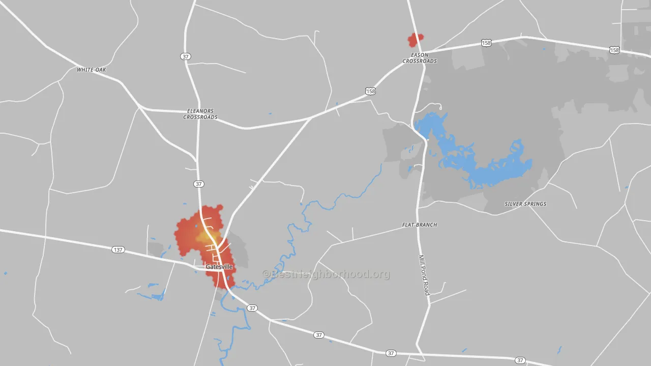 Walk Grade map of Gatesville, NC, walkable areas in green and car-dependent areas in red