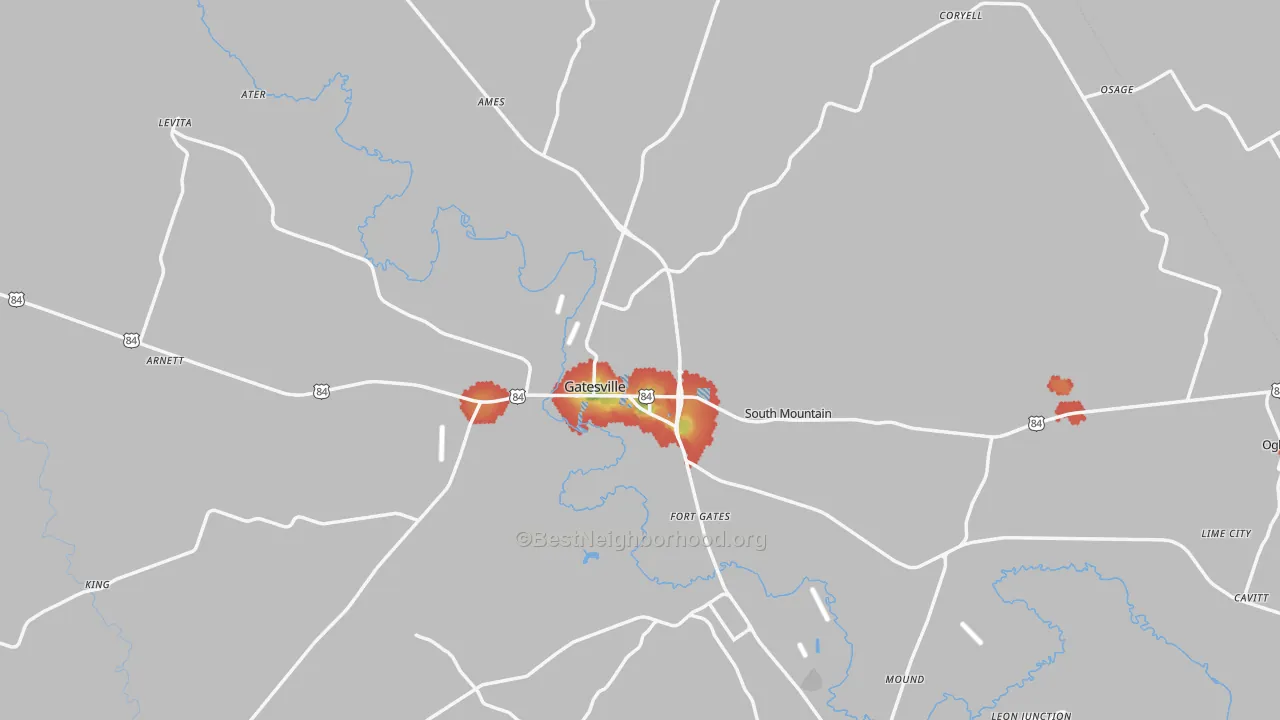 Walk Grade map of Gatesville, TX, walkable areas in green and car-dependent areas in red