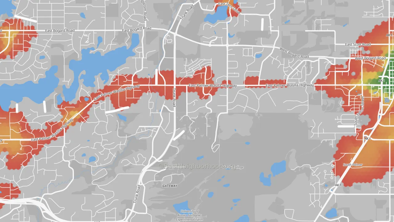 Walk Grade map of Gateway, AK, walkable areas in green and car-dependent areas in red