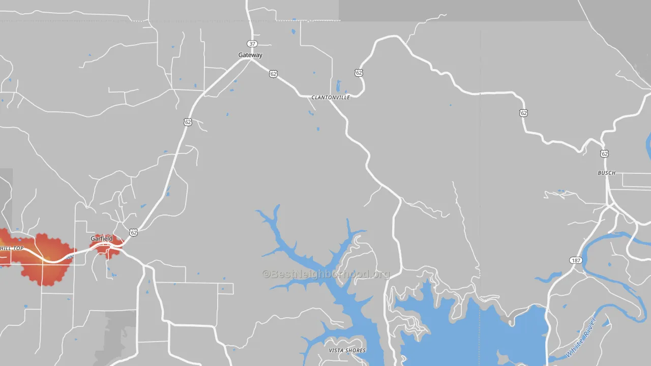 Walk Grade map of Gateway, AR, walkable areas in green and car-dependent areas in red