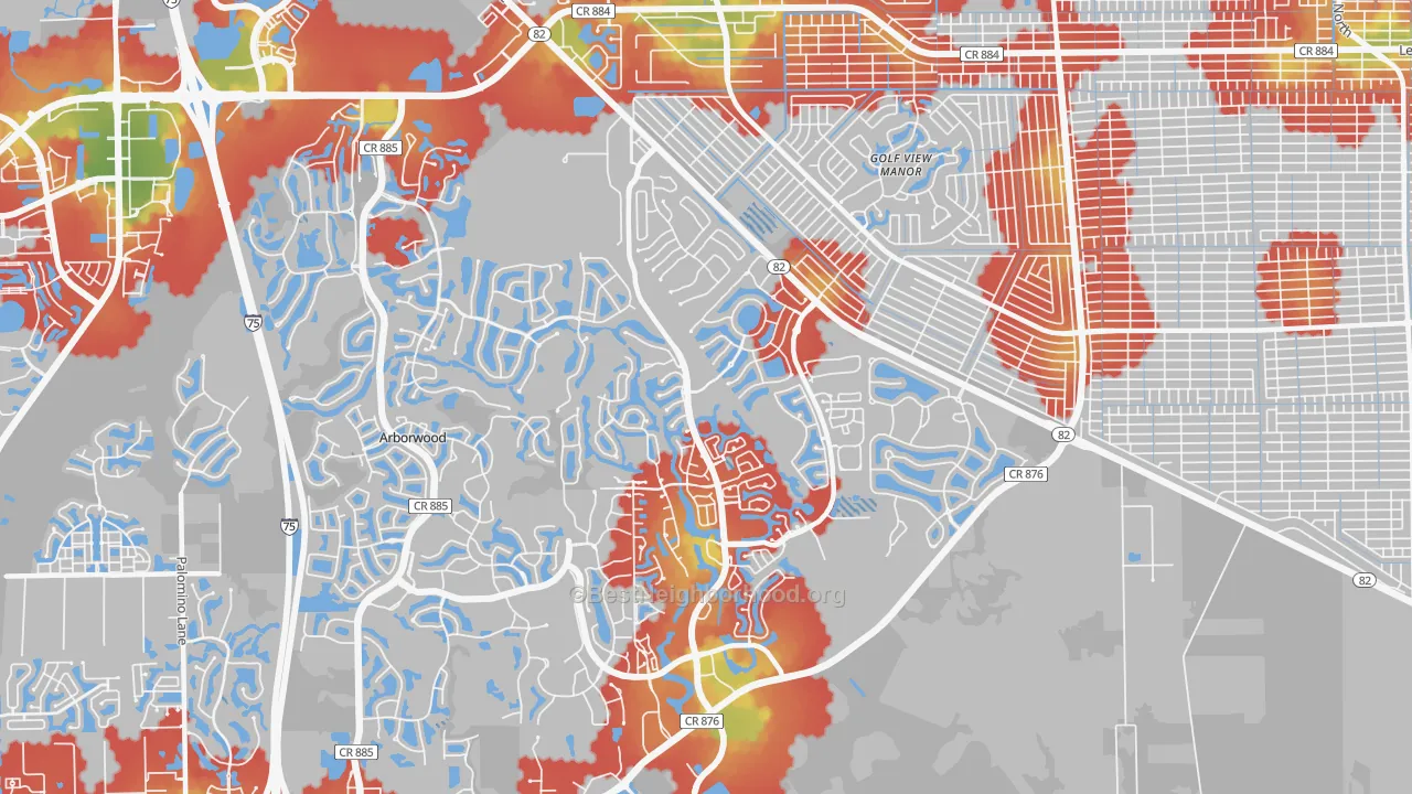 Walk Grade map of Gateway, FL, walkable areas in green and car-dependent areas in red