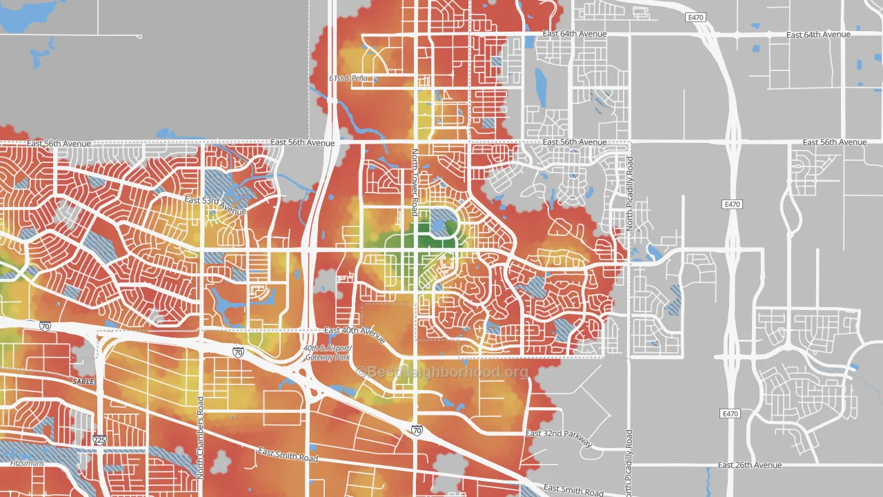 Walk Grade map of Gateway-Green Valley Ranch, Denver, CO, walkable areas in green and car-dependent areas in red