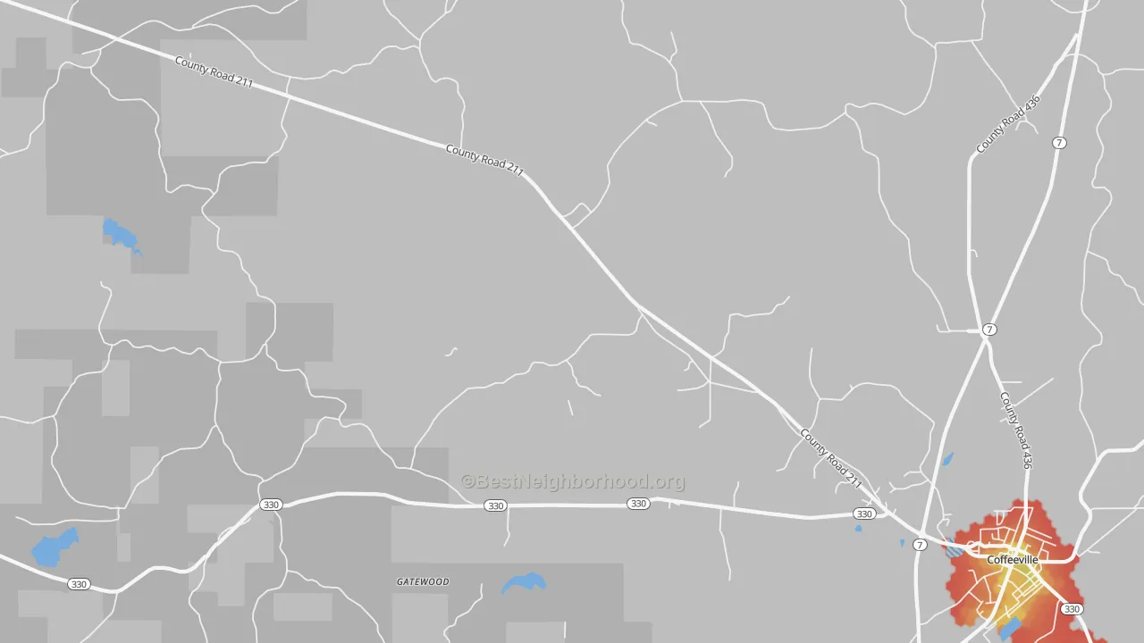 Walk Grade map of Gatewood, MS, walkable areas in green and car-dependent areas in red
