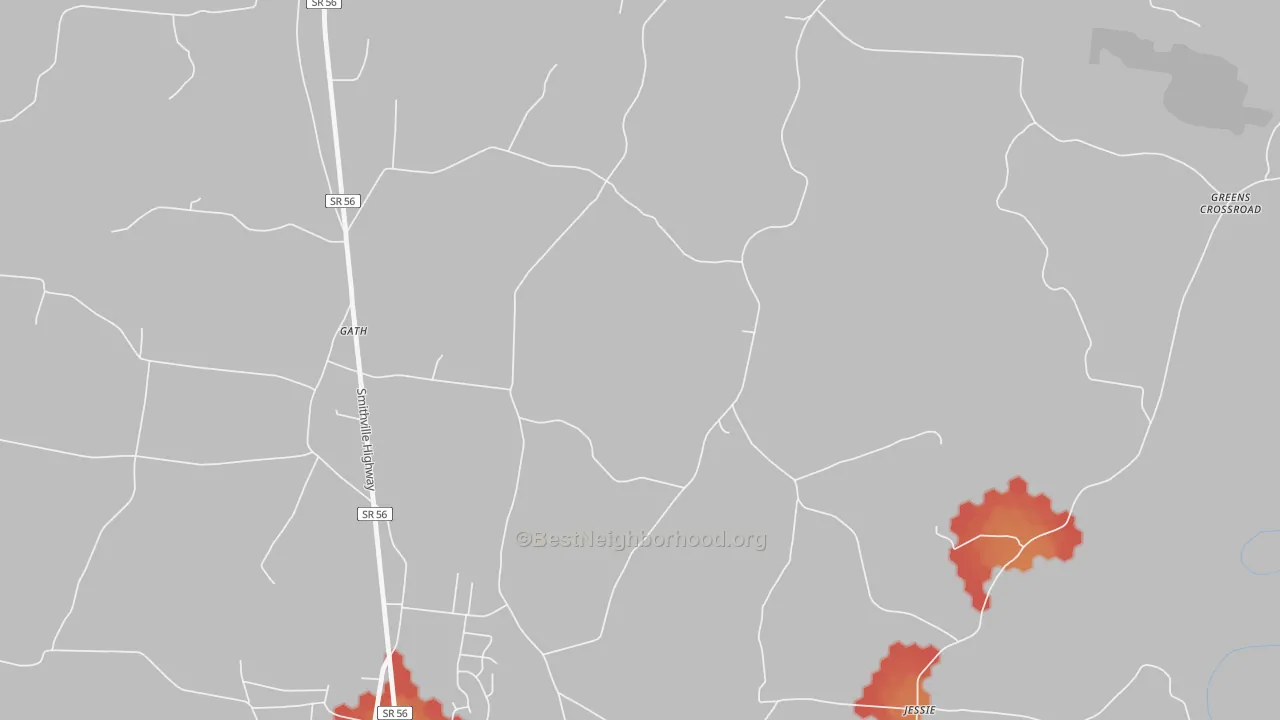 Walk Grade map of Gath, TN, walkable areas in green and car-dependent areas in red
