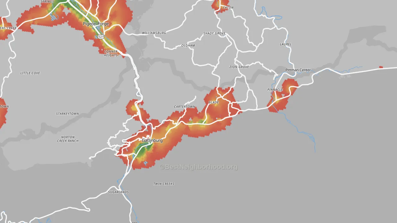 Walk Grade map of Gatlinburg, TN, walkable areas in green and car-dependent areas in red