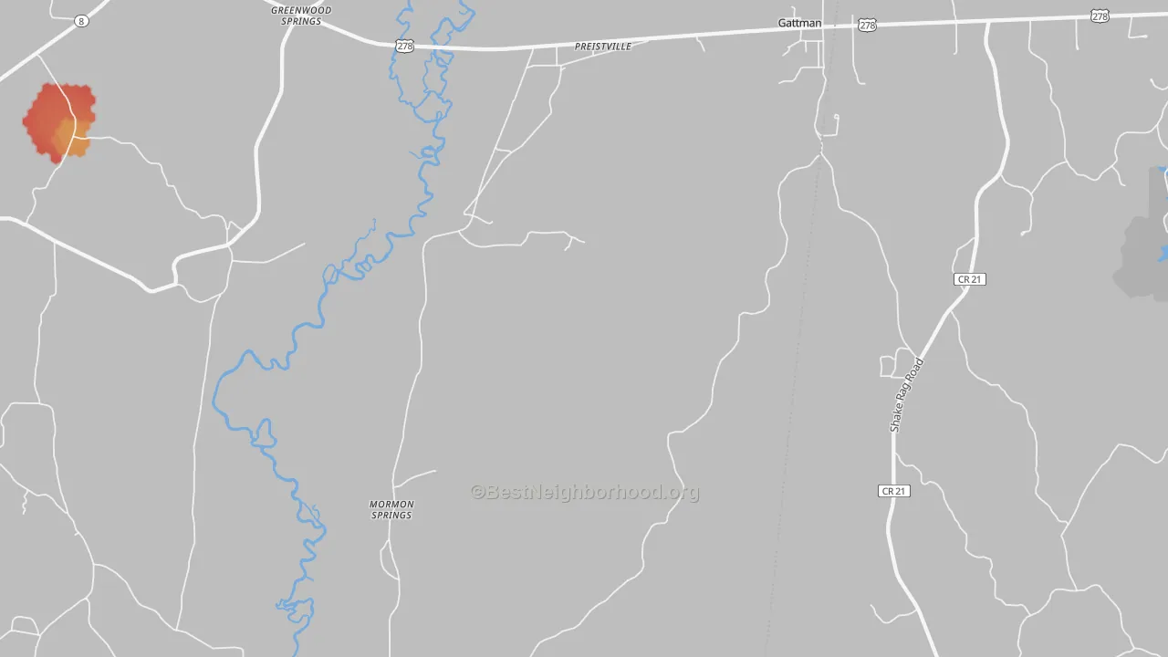 Walk Grade map of Gattman, MS, walkable areas in green and car-dependent areas in red