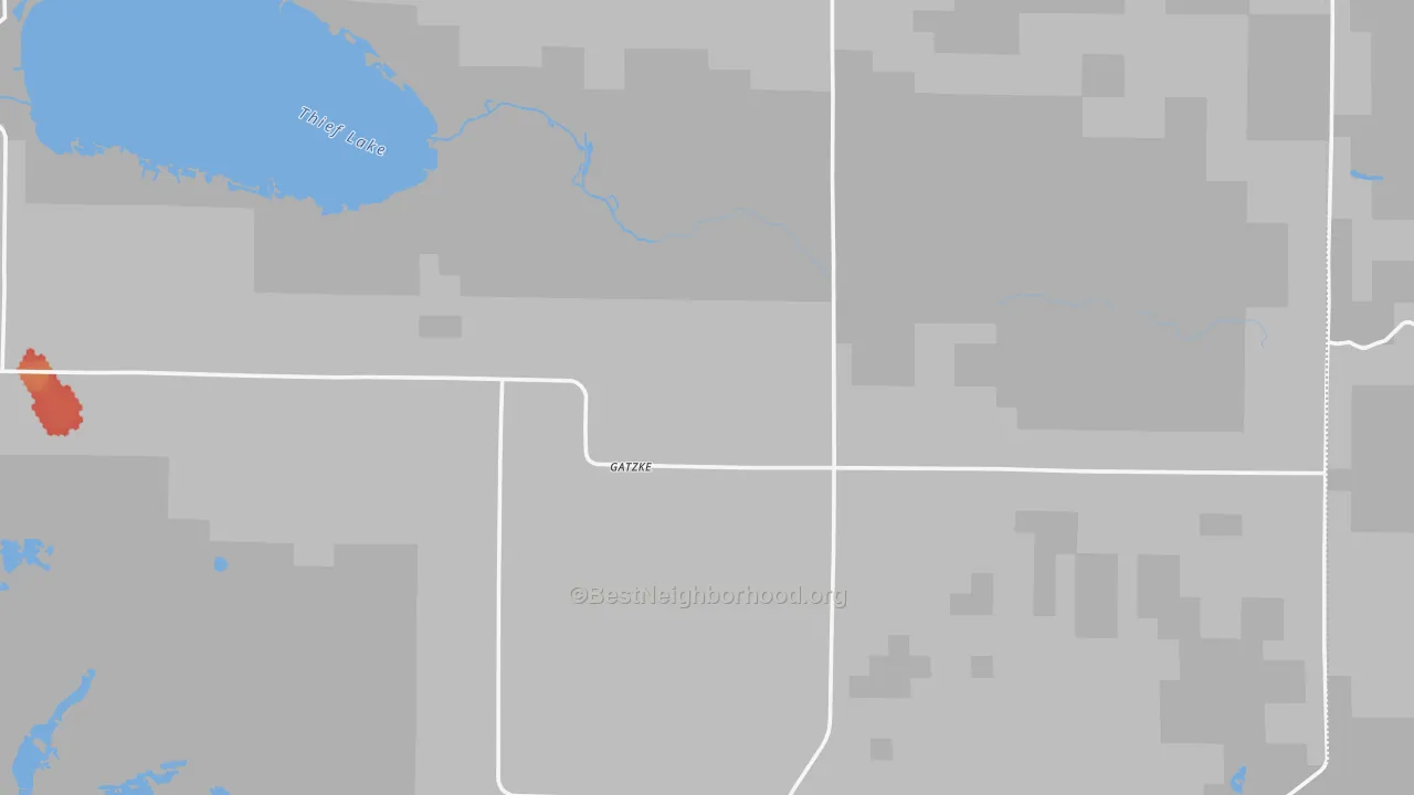 Walk Grade map of Gatzke, MN, walkable areas in green and car-dependent areas in red