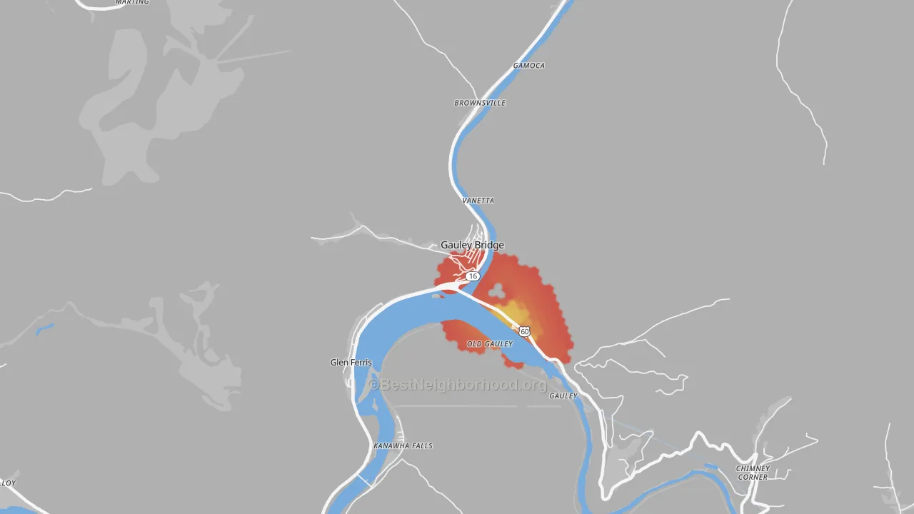 Walk Grade map of Gauley Bridge, WV, walkable areas in green and car-dependent areas in red
