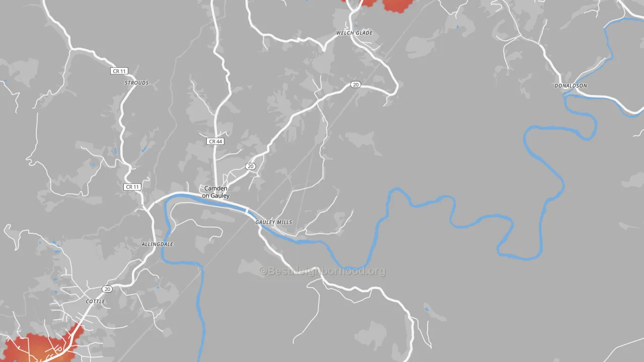 Walk Grade map of Gauley Mills, WV, walkable areas in green and car-dependent areas in red