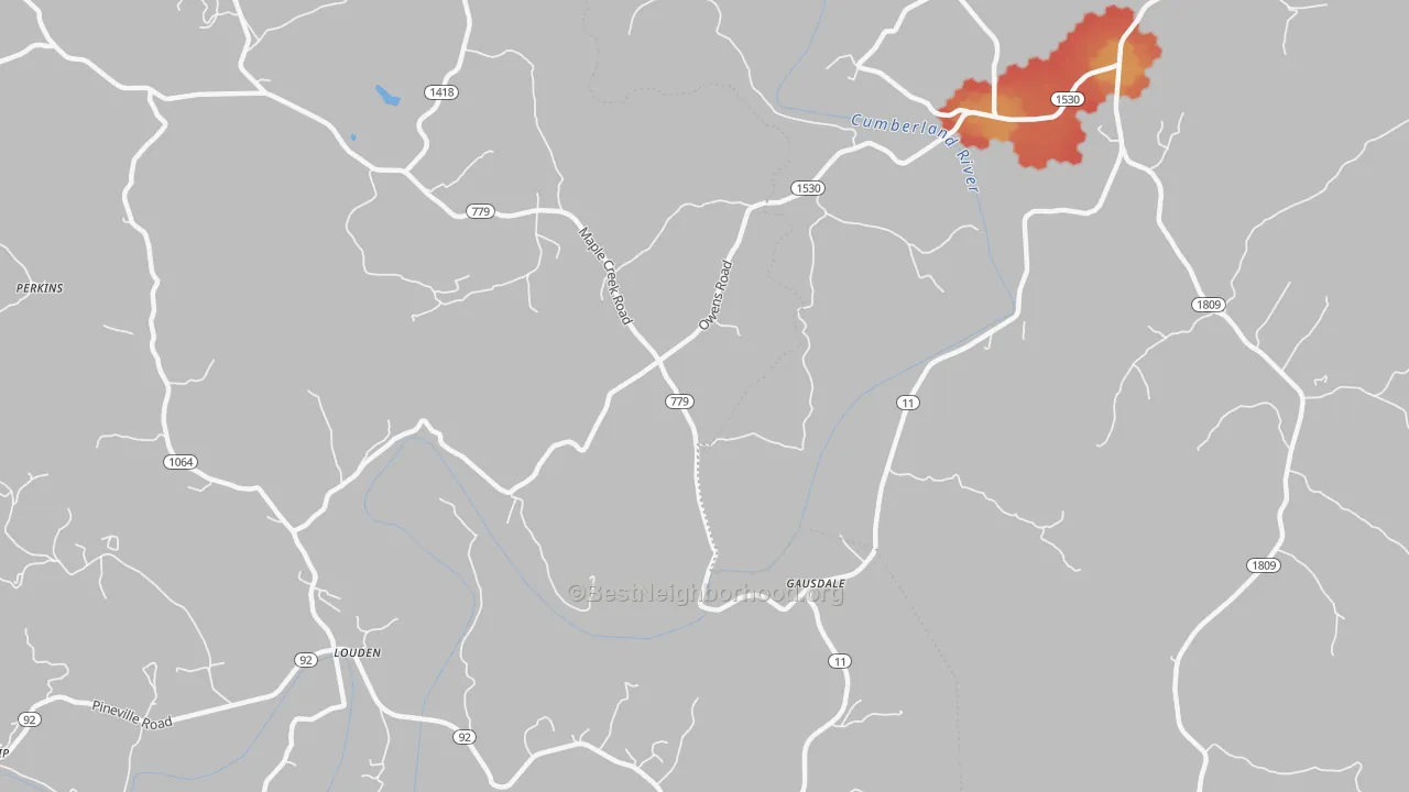Walk Grade map of Gausdale, KY, walkable areas in green and car-dependent areas in red