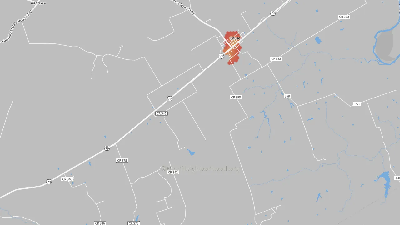 Walk Grade map of Gause, TX, walkable areas in green and car-dependent areas in red