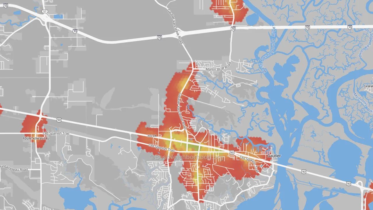 Walk Grade map of Gautier, MS, walkable areas in green and car-dependent areas in red