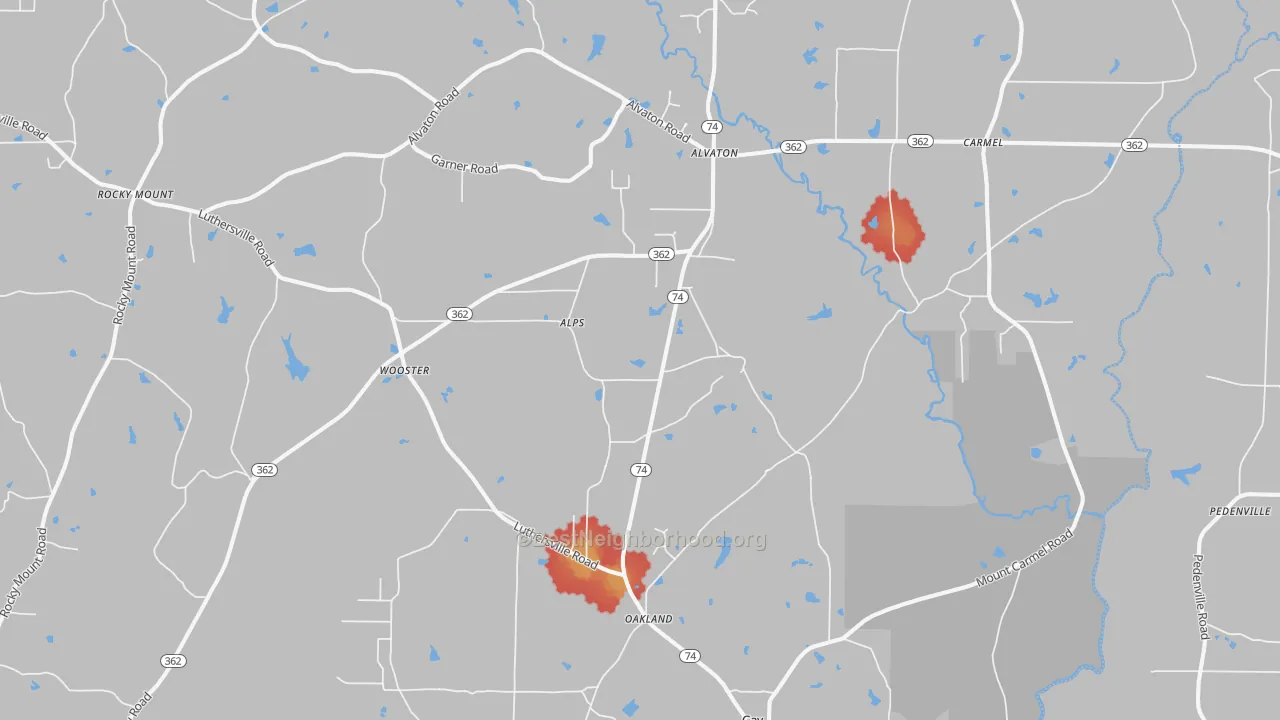 Walk Grade map of Gay, GA, walkable areas in green and car-dependent areas in red