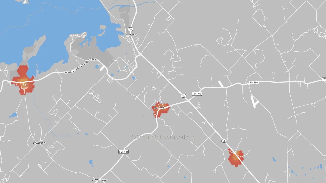 Walk Grade map of Gay Hill, TX, walkable areas in green and car-dependent areas in red