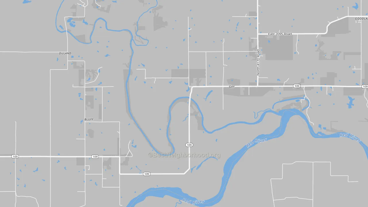 Walk Grade map of Gay, OK, walkable areas in green and car-dependent areas in red