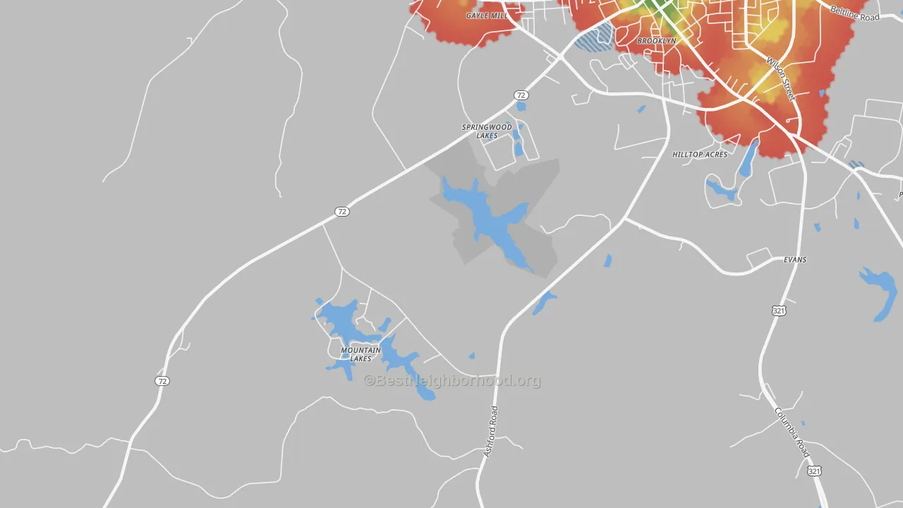 Walk Grade map of Gayle Mill, SC, walkable areas in green and car-dependent areas in red