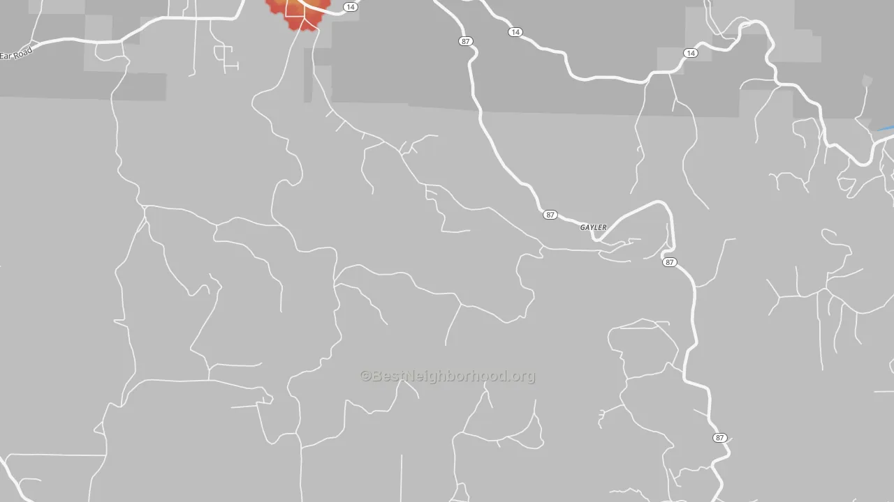 Walk Grade map of Gayler, AR, walkable areas in green and car-dependent areas in red