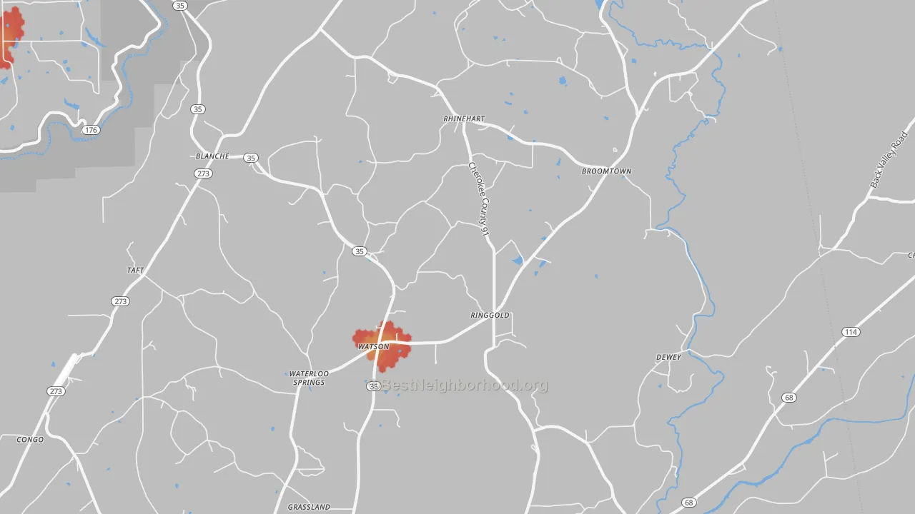 Walk Grade map of Gaylesville, AL, walkable areas in green and car-dependent areas in red