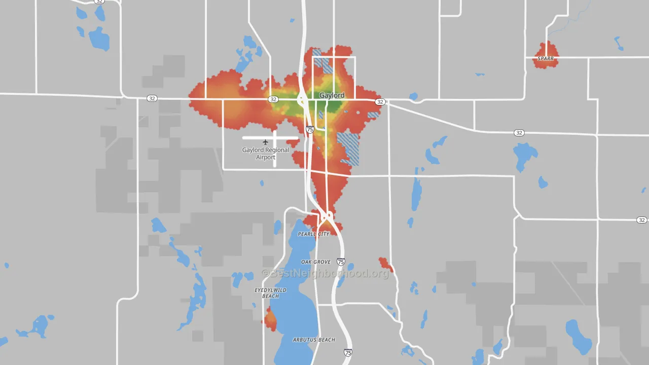 Walk Grade map of Gaylord, MI, walkable areas in green and car-dependent areas in red