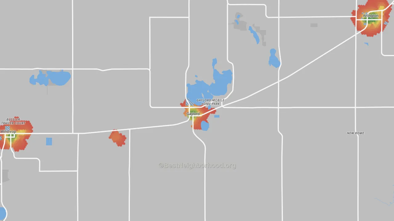 Walk Grade map of Gaylord, MN, walkable areas in green and car-dependent areas in red