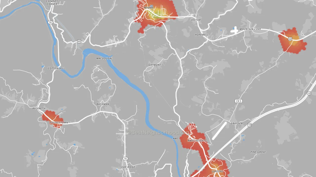 Walk Grade map of Gaymont, WV, walkable areas in green and car-dependent areas in red