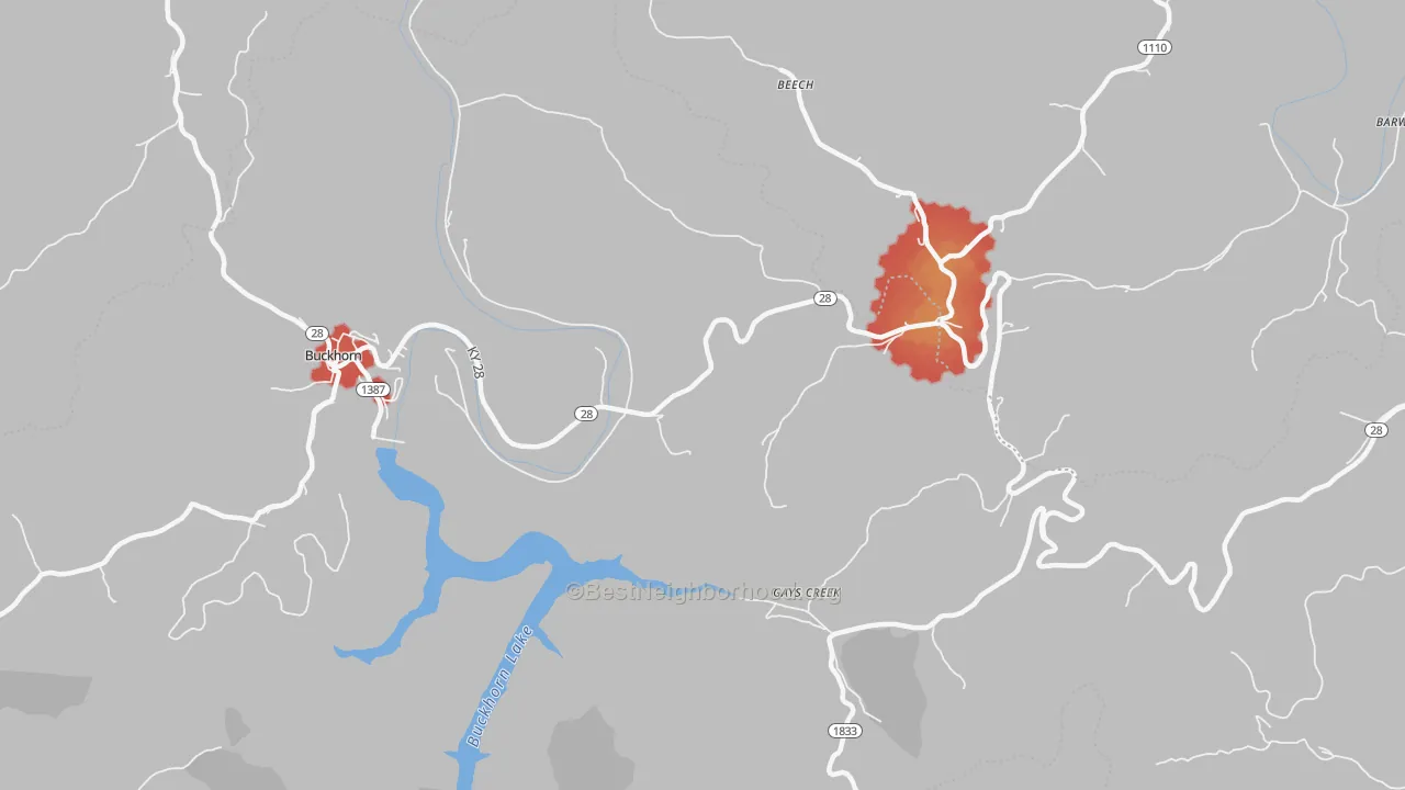 Walk Grade map of Gays Creek, KY, walkable areas in green and car-dependent areas in red