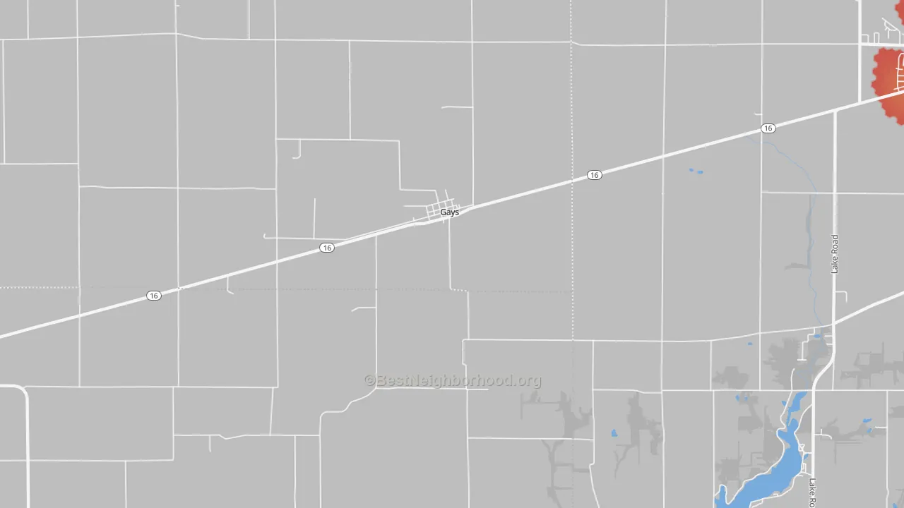 Walk Grade map of Gays, IL, walkable areas in green and car-dependent areas in red