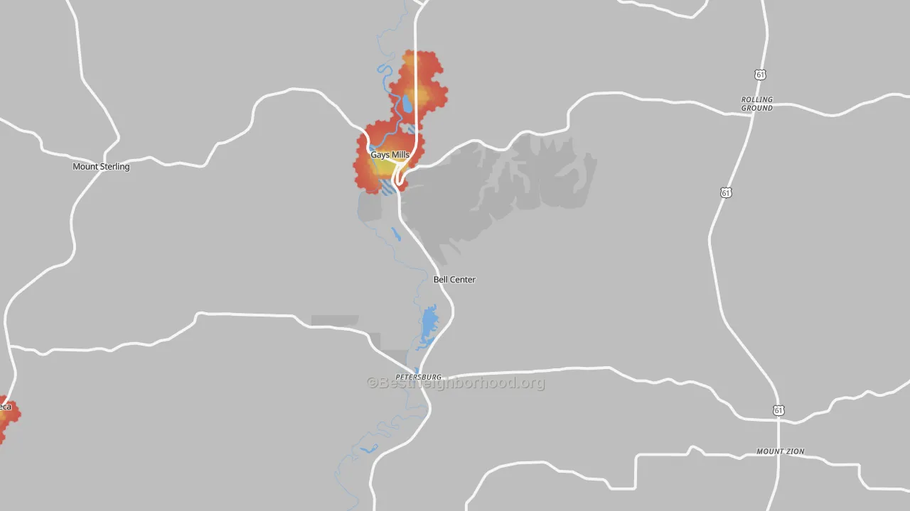 Walk Grade map of Gays Mills, WI, walkable areas in green and car-dependent areas in red