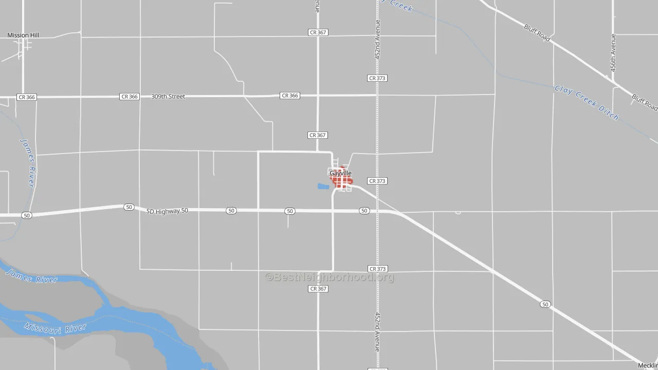 Walk Grade map of Gayville, SD, walkable areas in green and car-dependent areas in red