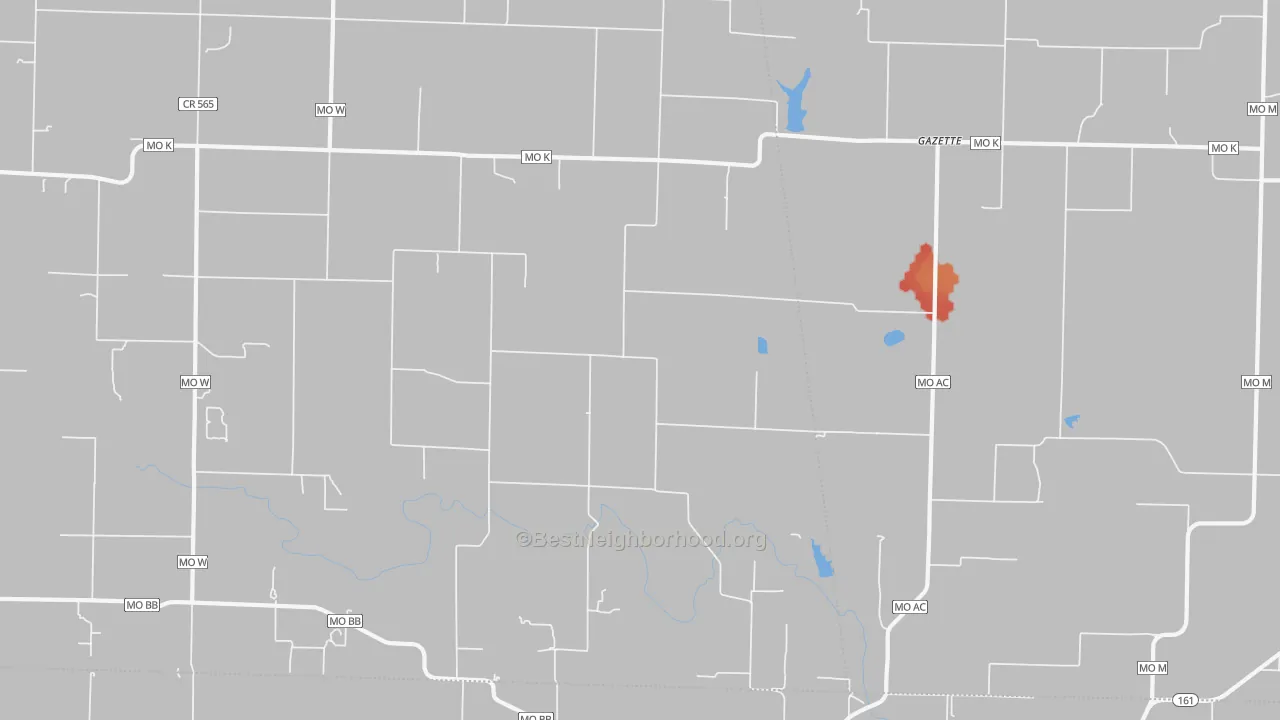 Walk Grade map of Gazette, MO, walkable areas in green and car-dependent areas in red