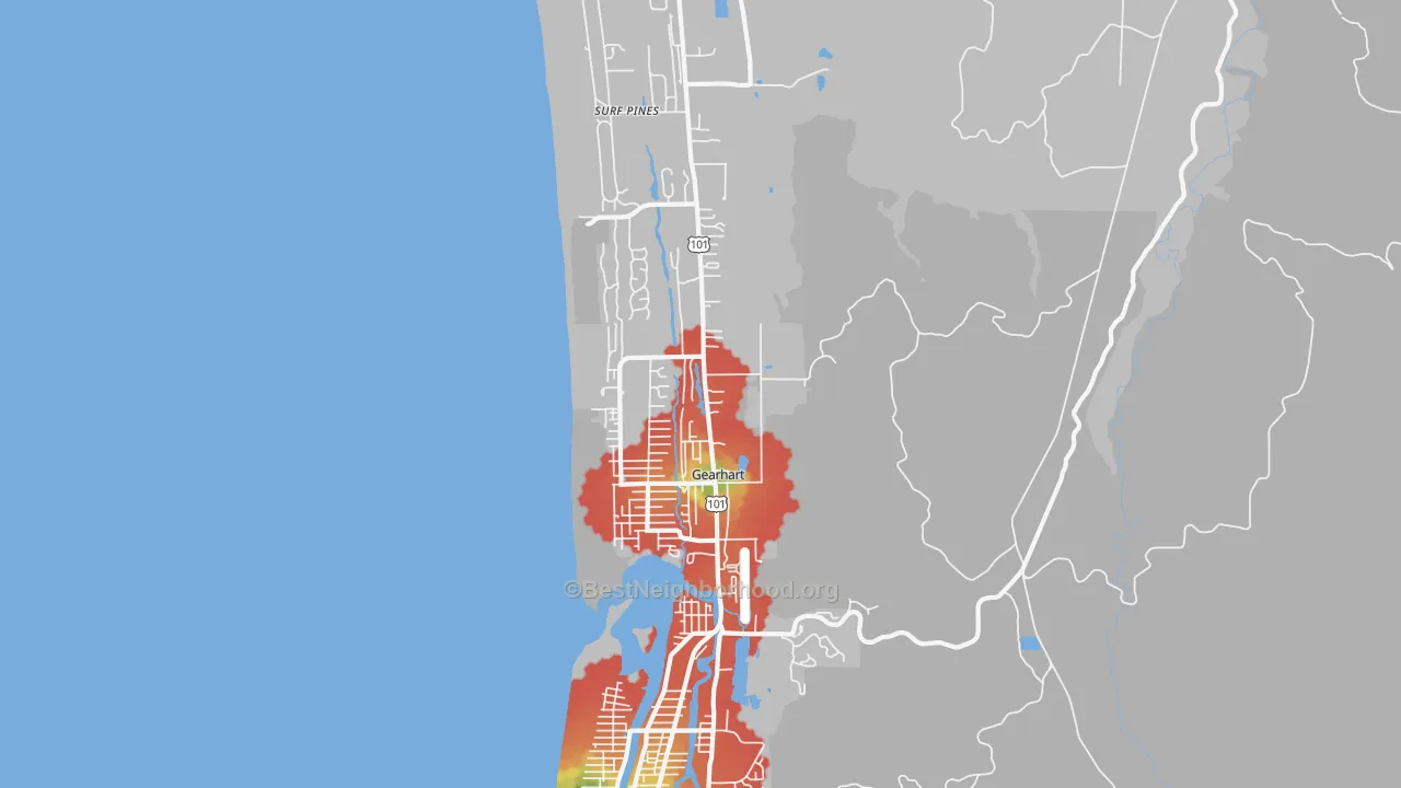 Walk Grade map of Gearhart, OR, walkable areas in green and car-dependent areas in red