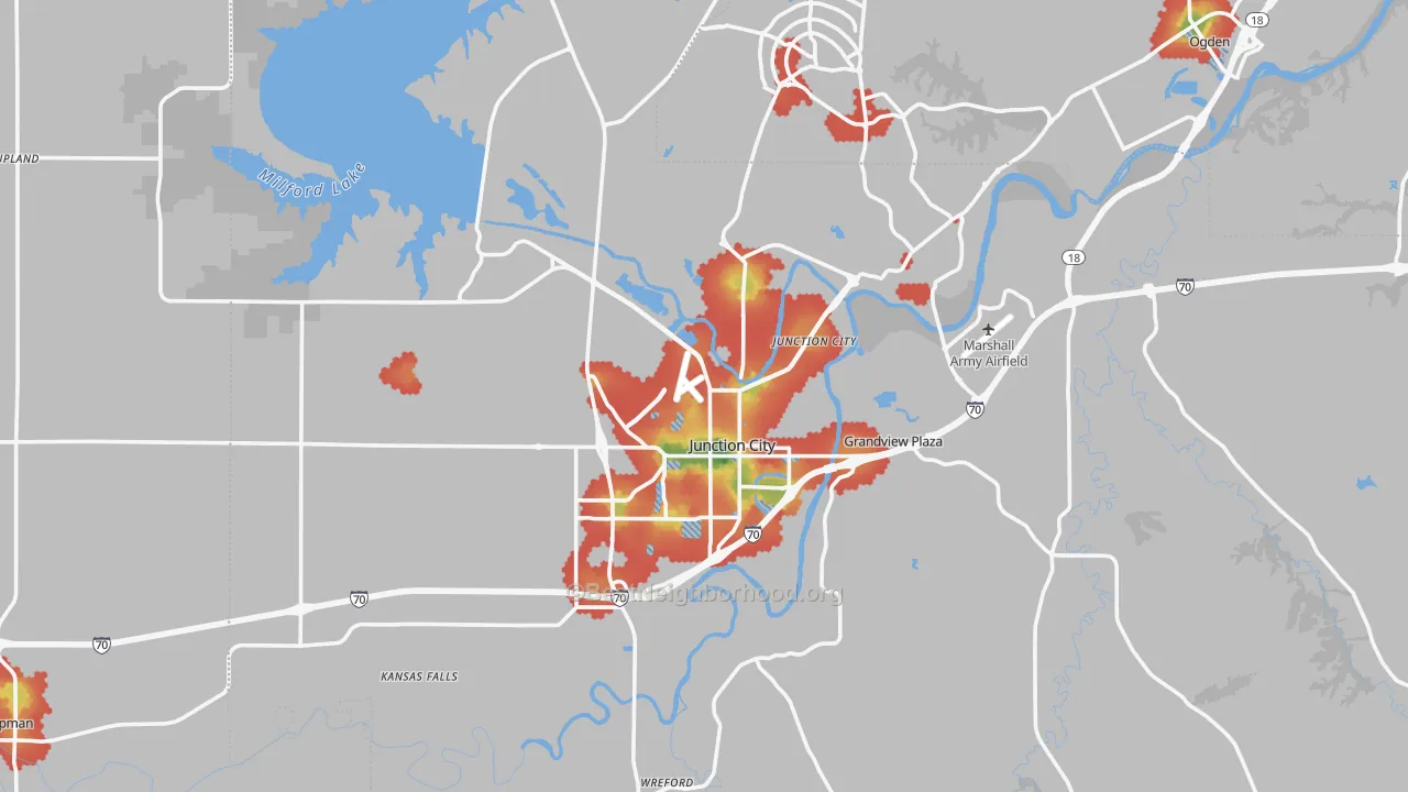 Walk Grade map of Geary County, KS, walkable areas in green and car-dependent areas in red