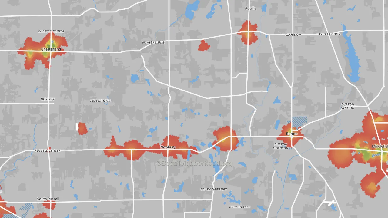 Walk Grade map of Geauga County, OH, walkable areas in green and car-dependent areas in red