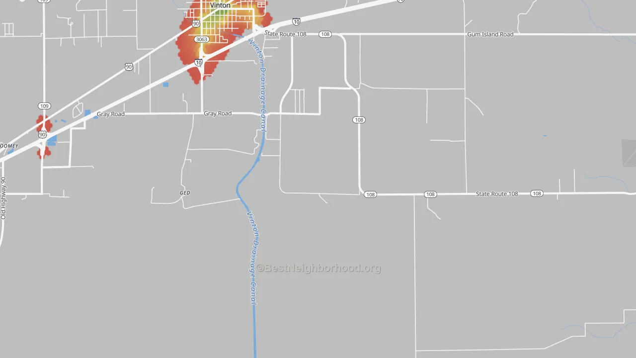 Walk Grade map of Ged, LA, walkable areas in green and car-dependent areas in red