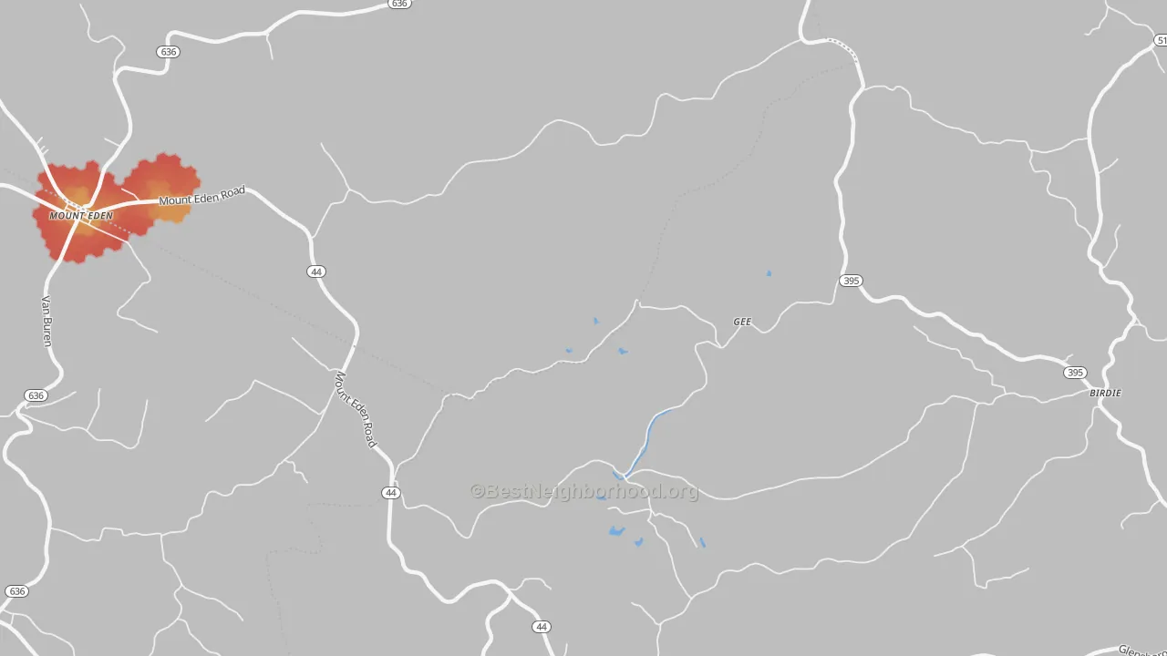 Walk Grade map of Gee, KY, walkable areas in green and car-dependent areas in red