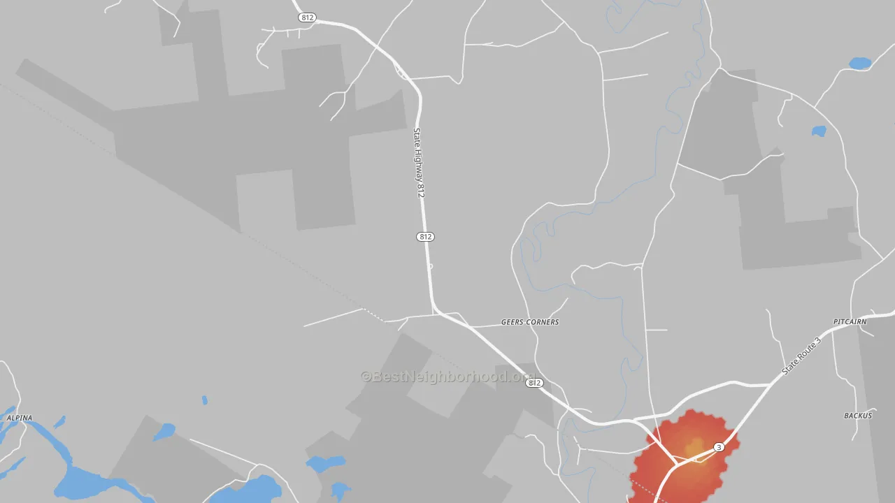 Walk Grade map of Geers Corners, NY, walkable areas in green and car-dependent areas in red
