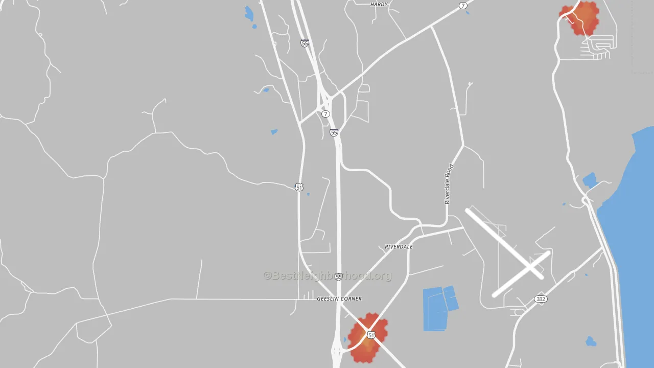 Walk Grade map of Geeslin Corner, MS, walkable areas in green and car-dependent areas in red