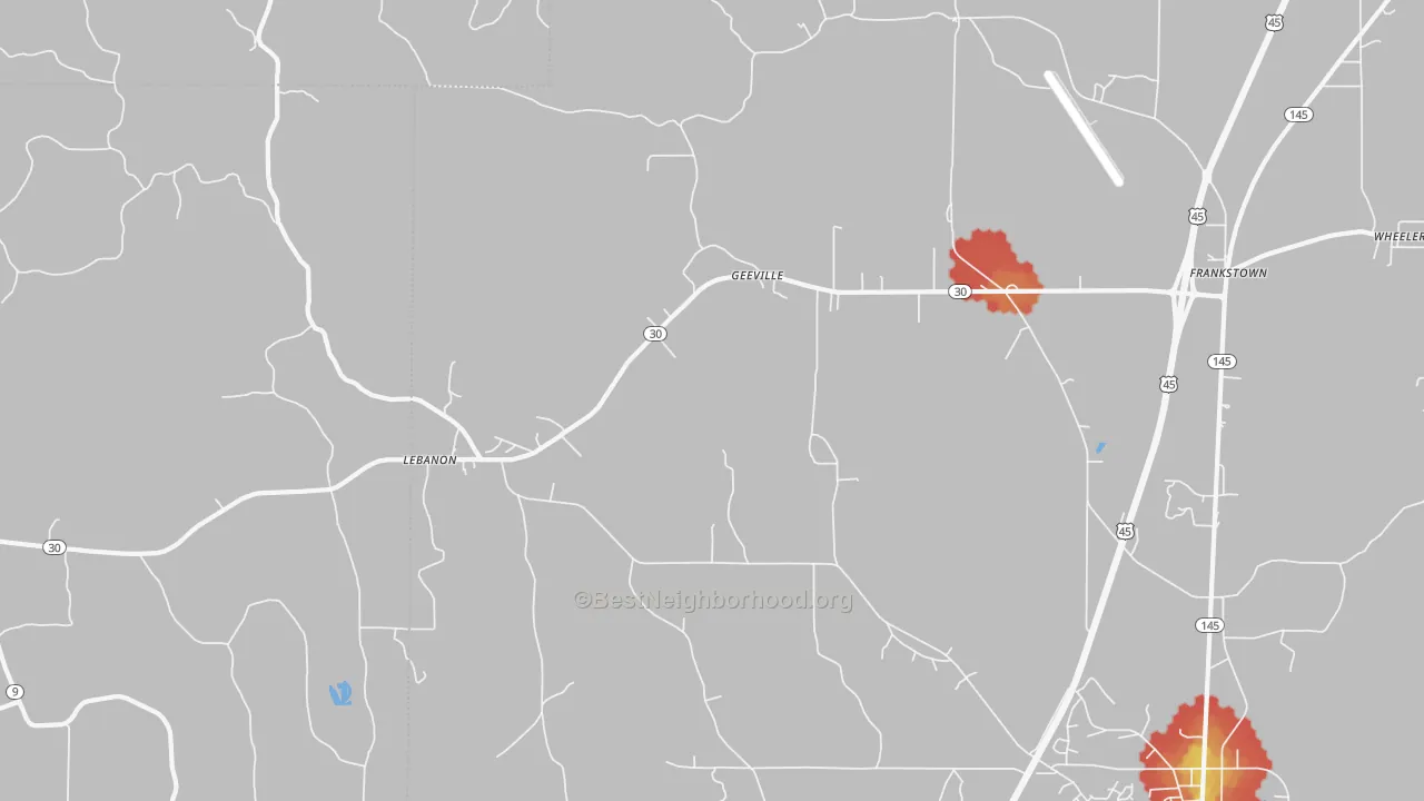 Walk Grade map of Geeville, MS, walkable areas in green and car-dependent areas in red