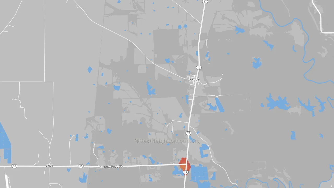 Walk Grade map of Geiger, AL, walkable areas in green and car-dependent areas in red