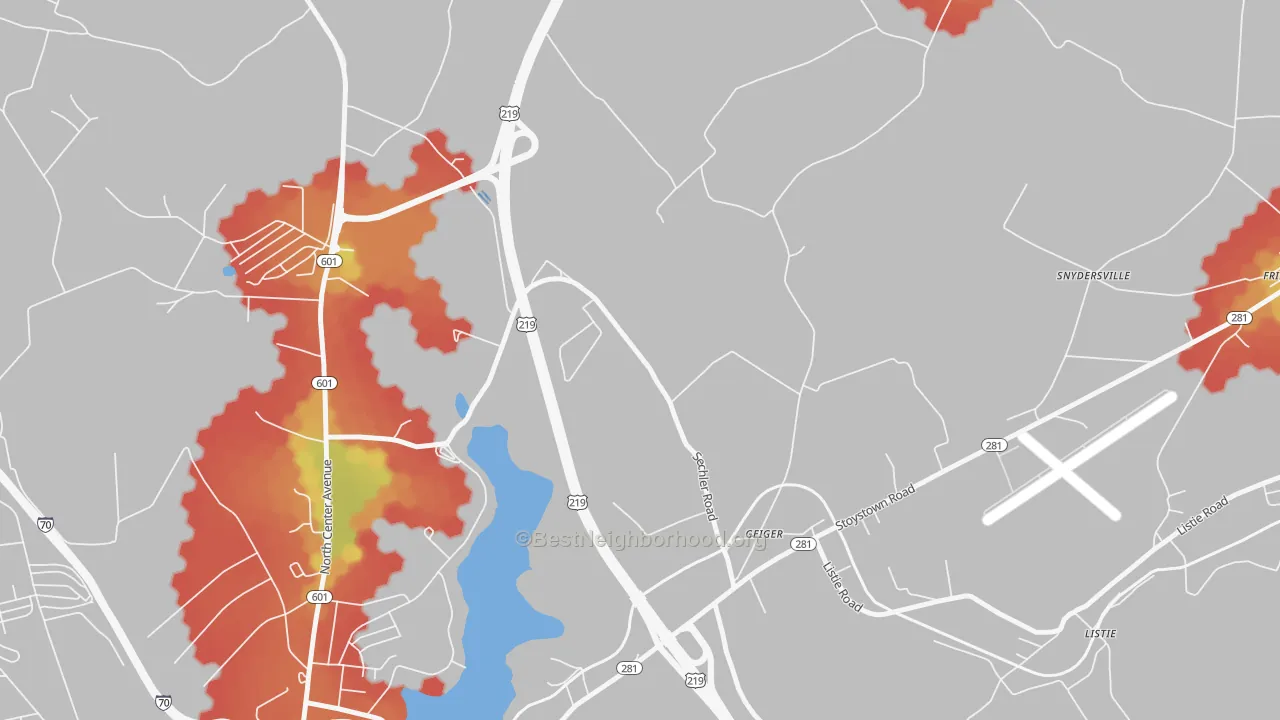 Walk Grade map of Geiger, PA, walkable areas in green and car-dependent areas in red