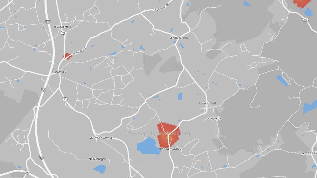 Walk Grade map of Geigertown, PA, walkable areas in green and car-dependent areas in red